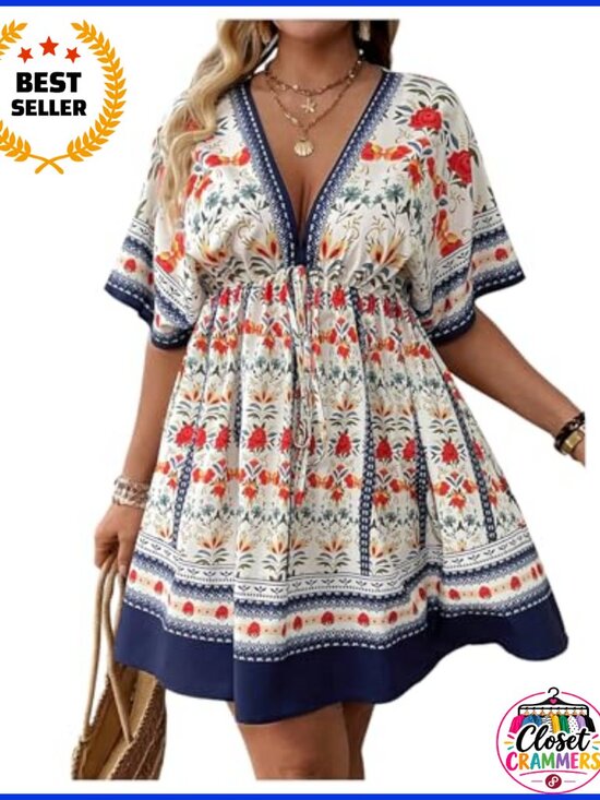 Dresses & Skirts - Plus Size V Neck Short Sleeve Ruffle Hem A Line Short Dress Casual Summer